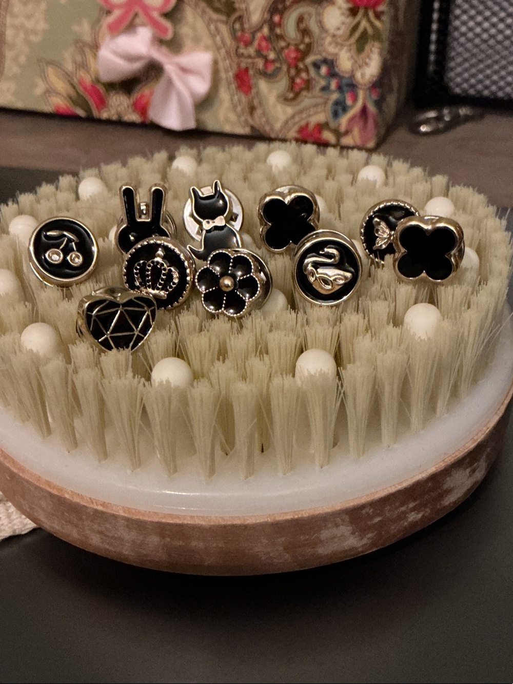 Black Enamel Charm Stud Lot of 10 Button Pins Brooches Crown Swan Bunny Cat NEW